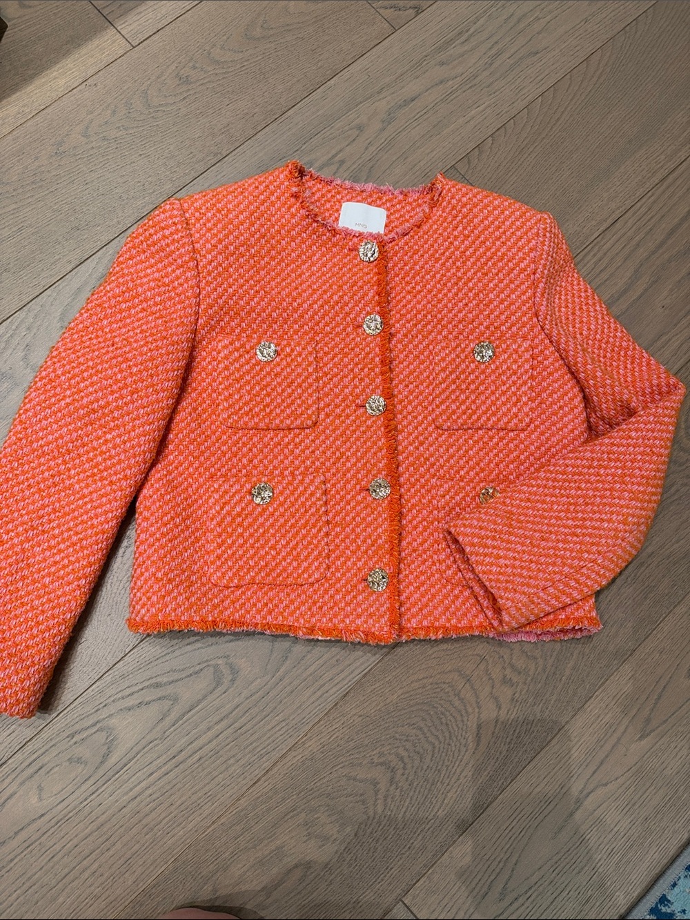 Mango Cropped Orange Tweed Gold-Button Jacket sz L